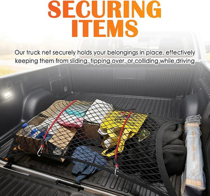 31.50"×23.62" Truck Bed Cargo Net Stretchable to 63"×47.24",High Elastic Cargo Net for Pickup Truck Bed with 4 Hooks & 2 Bundling Ropes,Universal Cargos Nets for SUV,Car,Trucks