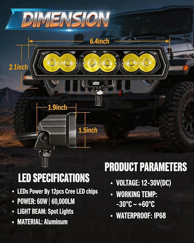 LED Light Bar 6 Inch Roof Bumper Lamp Offroad for 4x4 Trucks SUV ATV UTV | 2PCS 120W Spot Beam IP68 Waterproof Single Row Driving Lights Backup Lighting with Wiring Harness Kit Slim Light Pods