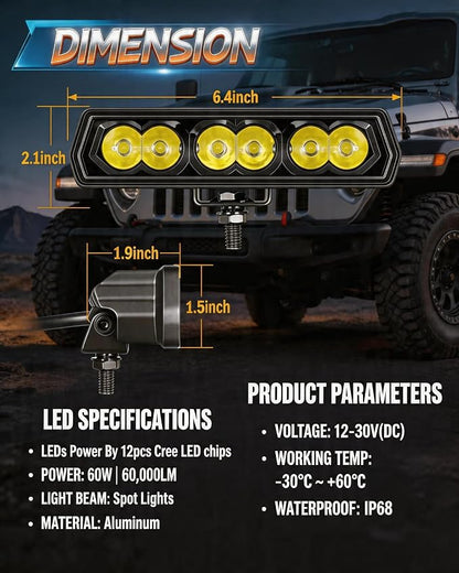 LED Light Bar 6 Inch Roof Bumper Lamp Offroad for 4x4 Trucks SUV ATV UTV | 2PCS 120W Spot Beam IP68 Waterproof Single Row Driving Lights Backup Lighting with Wiring Harness Kit Slim Light Pods