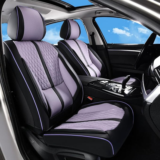 Huidasource Leather Seat Covers, Nappa Leather Seat Covers for Cars with Velcro Adjustable, Airbag, Lumbar Support, Cooling ＆ Heating, Purple Seat Covers Fit for Most Cars SUV Trucks, Black＆Purple