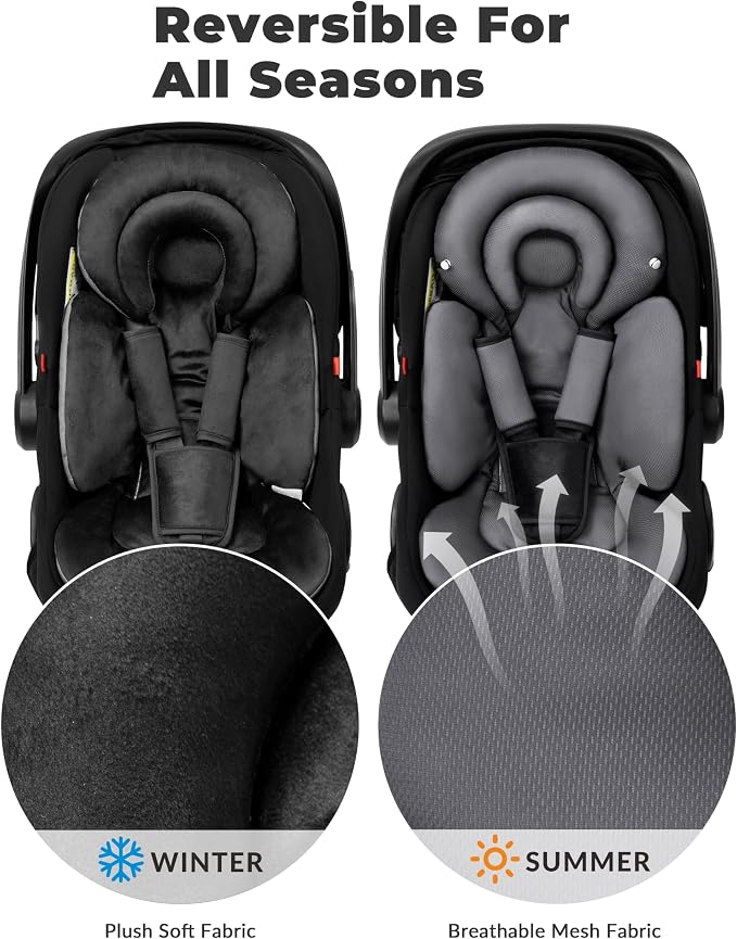 TinlyFinly Infant Car Seat Insert with Removable Cushion for Preemie to Toddler, Reversible Newborn Carseat Insert for Baby Head Body Support, Fits for Stroller, Baby Swing, Bouncer (Pure Black)