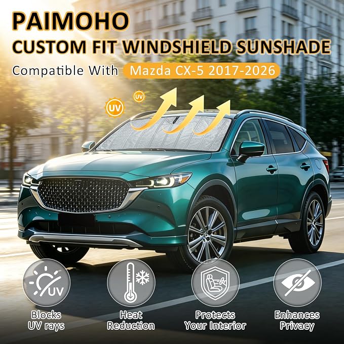 Thickened Windshield Sun Shade for Mazda CX-5 2017-2026 | Accordion Front Window Sunshade Aluminum Reflective UV Protection Shield, Foldable Sun Visor with Storage Bag Car Accessories