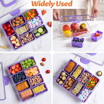 Snackle Box Container, Dishwasher Safety - Divided Serving Tray with Lid and Handle, Charcuterie Board for Portable Snack Platters - Organizer for Fruits Snacks - Perfect for Road Travel - Purple