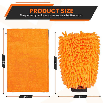 24"x36" Twisted Loop Car Drying Towel & Wash Mitt | 1200GSM Ultra Thick & Absorbent Detailing Towels | Large Microfiber Cleaning Cloth for Washing & Polishing | Micro Fiber Rags for Car Care