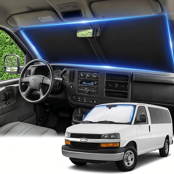 Windshield Sun Shade for Chevy/Chevrolet Express 1996-2024 2025 2026 Sunshade Front Window Shade Custom Fit Express Accessories Sun Visor Foldable Shade Blocks UV Rays Accessories