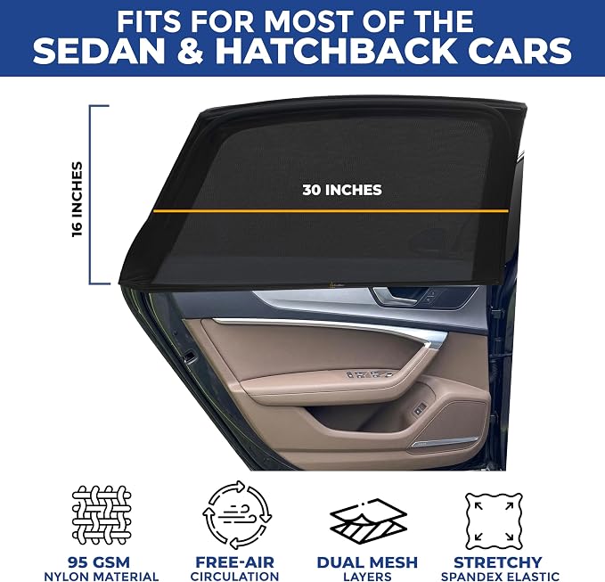 EcoNour Car Window Screens for Camping (Pack of 2) | 100% Protection from Bugs, UV and Mosquito Net | Breathable Mesh Baby Window Covers for Privacy Blackout (Medium 16"x30") | Car Window Accessories