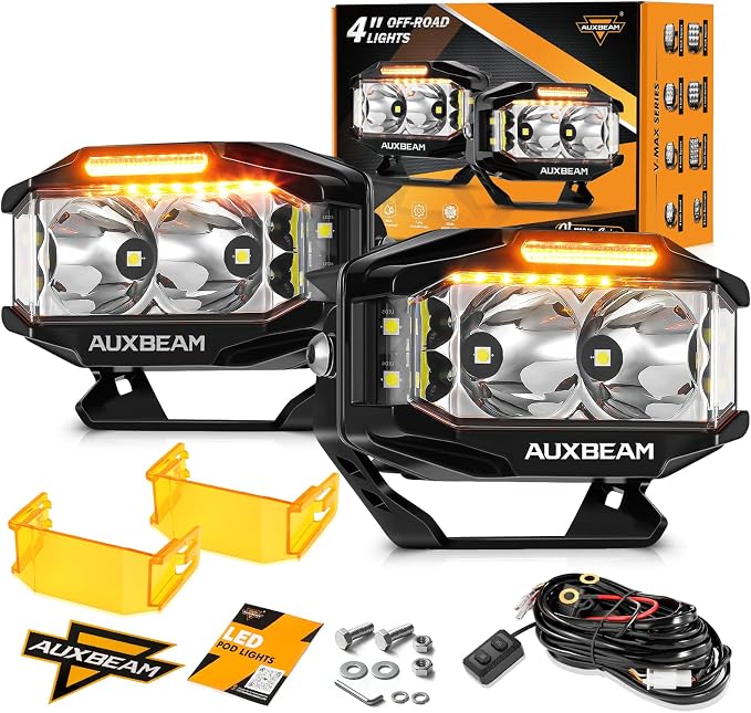 Auxbeam V-MAX Series LED Light Pod, 270° Side Shooter LED Offroad Lights with Amber DRL, 4 Inch Auxiliary Ditch Light for Truck ATV Jeep Ford