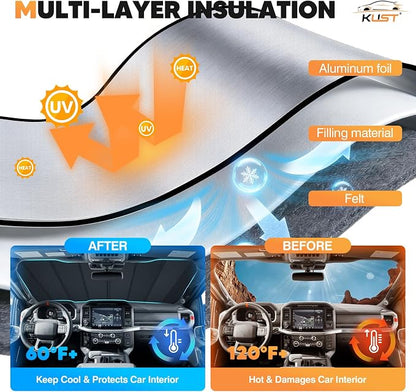 KUST Windshield Sun Shade for Ford F150 2021-2025 2026 Foldable Thicken Window Sunshade UV Protection Keep Cool Sunshield Easy Install Sun Visor Accessories Aluminum Film
