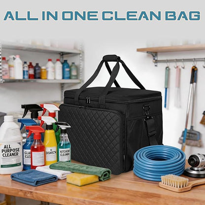 Large Car Detailing Organizer with Hard Pad Support, Car Detailing Bag with Multiple Pockets, Cleaning Bags for Housekeepers, Cleaning Supply Bag, Black