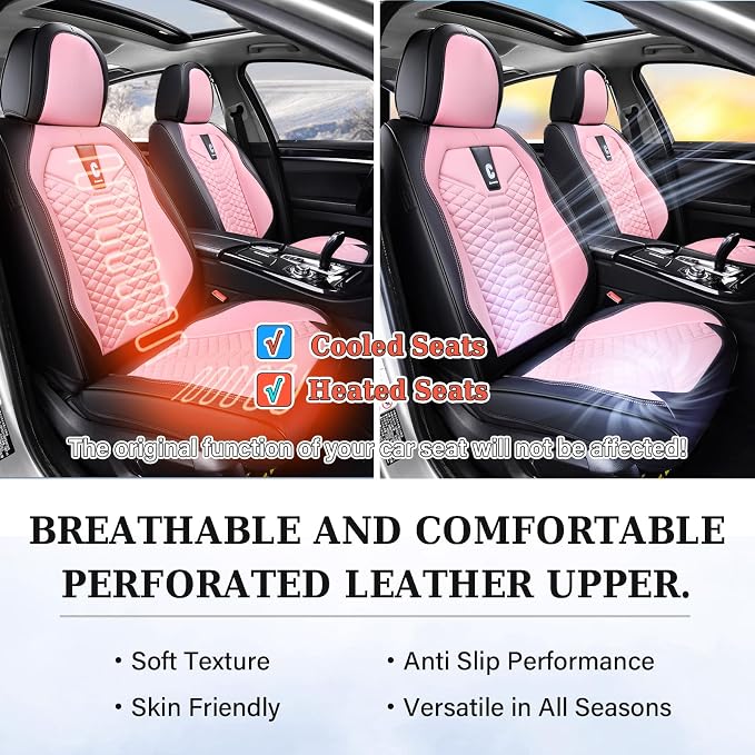Coverado Front Seat Covers, 2 PCS Pink Seat Cover for Cars, Breathable Fabric& Faux Leather Seat Cover, Driver Seat Cushion, Car Seat Protector Universal Fit Most Cars, Trucks, SUV