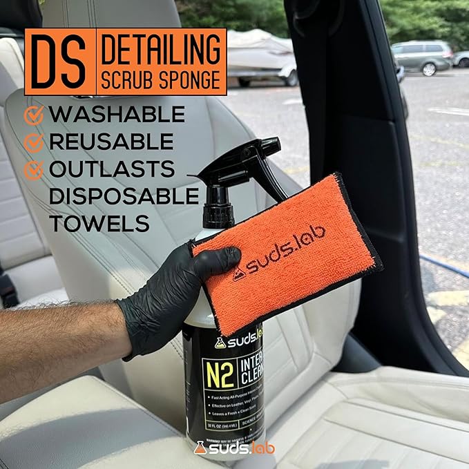 Suds Lab DS Detailing Scrub Sponge – Microfiber Scrub Pad for Car Detailing, Two Textures for Polishing & Scrubbing, Durable & Absorbent, Multi-Surface Use, Washable & Reusable – 6 Pack, Orange