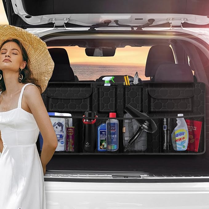 esouler Car Trunk Organizer, Super Capacity Backseat Car Organizer for SUV/Truck/MPV(42"*18"), Hanging Car Storage Organizer with 8 Pocekts, Car Accessories for Women and Men- Black