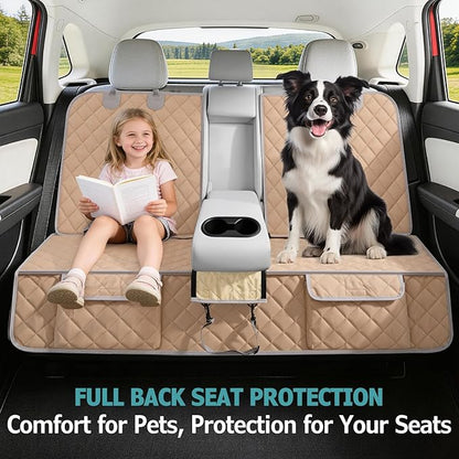 Bark Lover Dog Car Seat Cover for Back Seat,Armrest Compatible, Waterproof Backseat Protector, Nonslip Rear Seat Cover for Dogs & Kids, Universal Size Fits Cars Trucks SUVs (Beige)