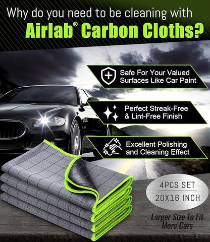 Airlab Magic Cleaning Cloth Window Glass Cleaner Carbon Microfiber Towels Kitchen Bathroom Lint Free Rags Car Wipes Drying Auto Detailing, Pack of 4, 20" x 16", Grey-Green