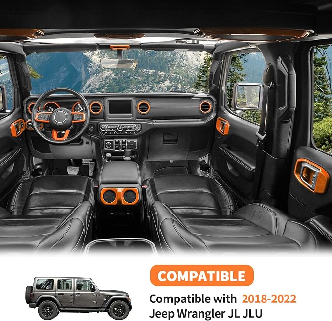 21PCS Full Set Interior Trim Kit for 2018-2023 Jeep Wrangler JL JLU,Side Outlet Door Handle Bowl Roof Reading Light Cover Trim (Orange)