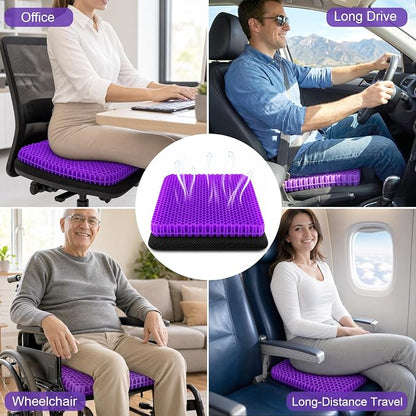Gel Seat Cushion for Long Sitting – Double-Layer Honeycomb Cooling Chair Pad, Thick Supportive Gel Cushion with Breathable Non-Slip Cover for Office Chair Car Wheelchair & Long Sitting（Purple）