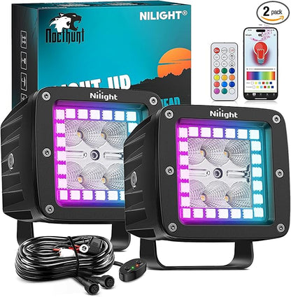 Nilight LED Pods 3 Inch 18W Cube Flood Offroad Work Light with RGB Halo Strip Multi Chasing Flash Strobe Mode APP & Remote Control IP67 Waterproof for Truck Pickup Golf Cart SUV ATV UTV 4x4 Van Camper
