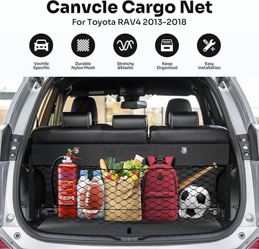 Canvcle Trunk Cargo Net for 2013-2018 Toyota RAV4 Accessories Envelope Style Mesh Trunk Net Organizer and Storage Stretchable Adjustable Elastic Nylon Rear Cargo Netting with Hooks