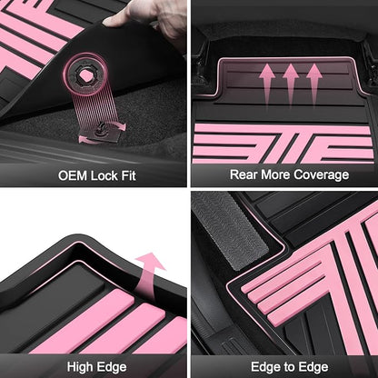Floor Mats Fit for 2012-2015 Honda Civic Sedan & Sedan Si (Not for Coupe), Custom Fit All Weather Protection Heavy Duty Anti-Slip Car Mats for Civic, 1st & 2nd Row, Black & Pink