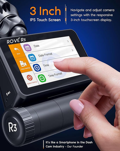 ROVE R3 Dash Cam Front and Rear with Cabin, 3” IPS Touch Screen, 3 Channel Dash Cam 1440P+1080P+1080P, IR Night Vision, 5GHz WiFi, Up to 30MB/s Download Speed, Quad-Mode GPS, Supports 512GB Max