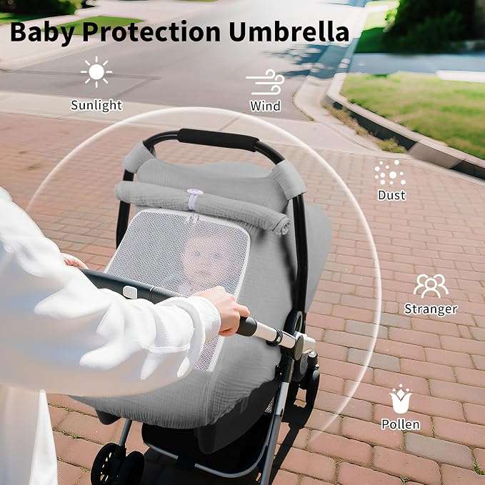 Rquite Car Seat Cover Baby, Carseat Covers Girl Boy, Breathable Muslin Cotton, Large Mesh Window, Infant Car Seat Canopy Baby Carrier Cover Stroller Sun Shade for Summer & Hot Day, Grey