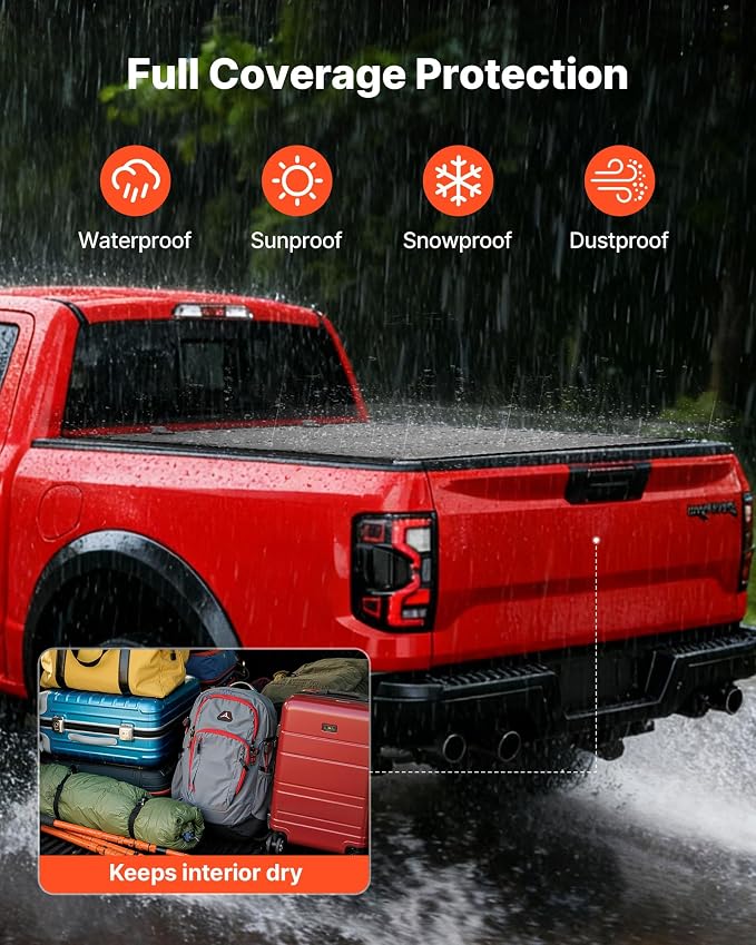 VEVOR Hard Tri-Fold Truck Bed Tonneau Cover, Compatible with 2022-2025 Ford Maverick 4.6 ft (54.4 in) Bed, Heavy-Duty Waterproof Low-Profile Hard Folding Truck Cover with Aluminum Alloy Support Bar