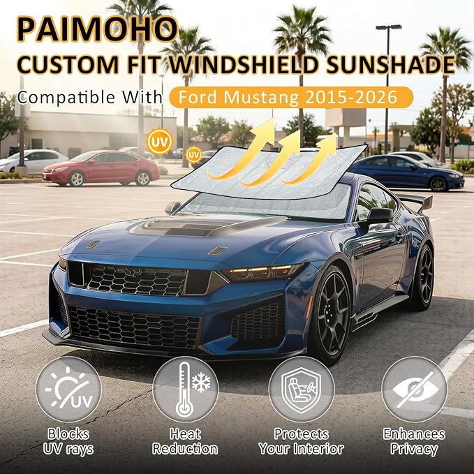 Thickened Windshield Sun Shade for Ford Mustang 2015-2026 | Accordion Front Window Sunshade Aluminum Reflective UV Protection Shield, Foldable Sun Visor with Storage Bag Car accessories