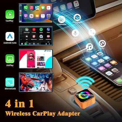 2026 4-in-1 Wireless CarPlay & Android Auto Adapter, AirPlay MirrorLink Screen Mirroring Dongle, 5.8G WiFi BT 5.3, USB/C Plug & Play for OEM Wired Cars (Orange) (Orange)