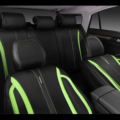 CAR PASS Fluorescent Green & Nappa Leather Seat Covers Full Set, with Backrest Cushion Protector Waist Protection Universal Fit for SUV Pick-up Truck, Automotive Vehicle Interior (Black Green)