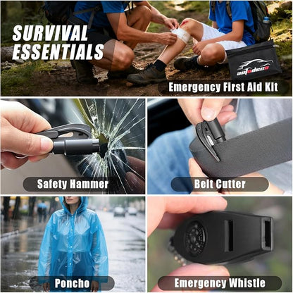 Roadside Emergency Car Kit Winter Road Trip Assistance Vehicle Safety Kit with Air Comperss, Detachable Snow Shovel, Jumper Cables, Tow Strap