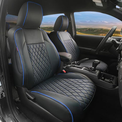 Lolcar Tacoma Car Seat Covers Custom for Select Toyota Tacoma (Only for Hybrid) 2024 2025 2026 Double cab TRD Sport,TRD Off-Road,Limited,Trailhunter -Full Set,Leather (Blue Grid)
