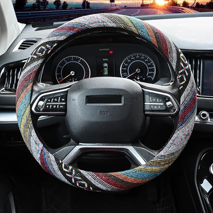 Valleycomfy Cloth Steering Wheel Covers for Women Bohemian Universal 15 inch Baja Blanket Enthic Grey