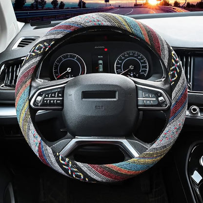 Valleycomfy Cloth Steering Wheel Covers for Women Bohemian Universal 15 inch Baja Blanket Enthic Grey