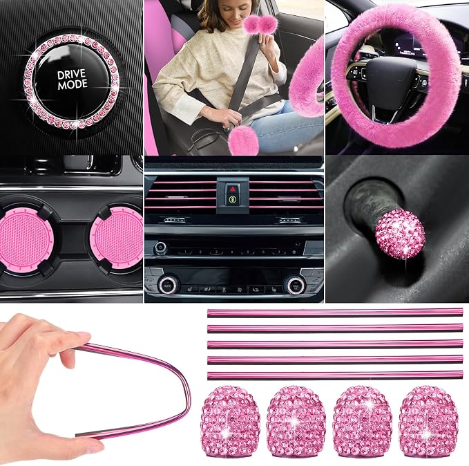 ROCEEI 43 Pcs Pink and Black Car Seat Cover Full Set for Women Christmas Fuzzy Car Accessories Fluffy Steering Wheel Cover Front Rear & Belt Handbrake Shift Accessory for Winter