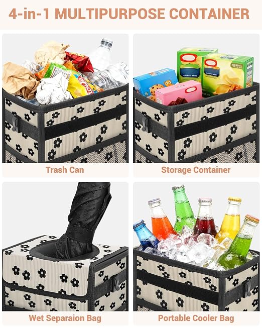 Capolo Car Trash Can with Lid, Leakproof Car Trash Bag Hanging Waterproof Automotive Garbage Can with Storage Pockets Mini Vehicle Trash Bin for Back/Front Seat(Black Flower,3 Gallon)