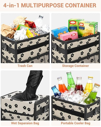 Capolo Car Trash Can with Lid, Leakproof Car Trash Bag Hanging Waterproof Automotive Garbage Can with Storage Pockets Mini Vehicle Trash Bin for Back/Front Seat(Black Flower,3 Gallon)