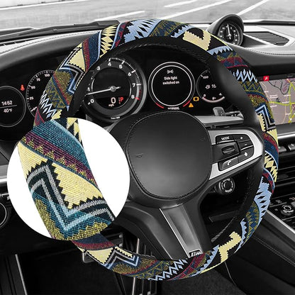 Boho Car Steering Wheel Cover, Ethnic Style Anti-Slip Coarse Flax Cloth Auto Wheel Cover, Bohemian Steering Wheel Protector for Most SUVs Vans Trucks, Car Accessories (Style H)