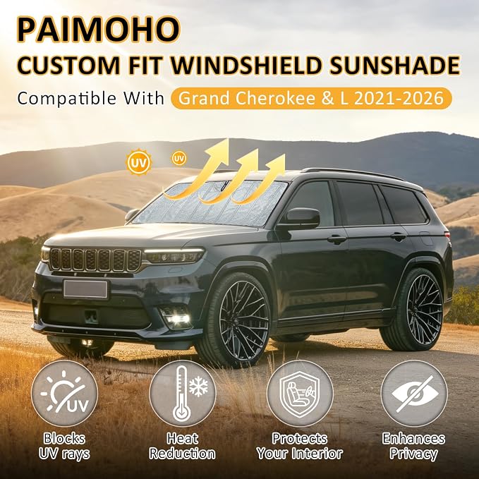 Thickened Sun Shade for 2021-2026 Jeep Grand Cherokee & L | Accordion Front Window Sunshade Aluminum Reflective UV Protection Shield, Foldable Sun Visor with Storage Bag Car Accessories