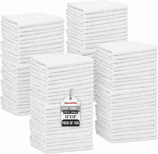 Shop Towels (White, 100-Pack) - Bulk Cleaning Towel in a Bag, Mechanic Cotton Wipes for Car Maintenance, Auto Mechanics & Garage, Wipe Grease & Oil, Machine Wash & Reusable