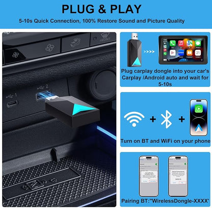 Wireless CarPlay Adapter Android Auto, 2 in 1 Wired to Wireless Carplay Dongle Fit for Factory Wired CarPlay/Android Auto Cars 2016+, 5GHz WiFi Low Latency Plug & Play Online Update Black