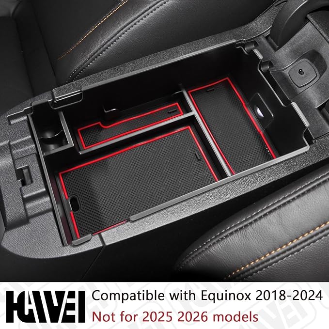 HGWEI Center Console Organizer Tray Compatible with Chevy Equinox 2018 2019 2020 2021 2023 2024 Accessories, Armrest Insert Secondary Storage Box (Not Fit 2025 2026) Red Trim