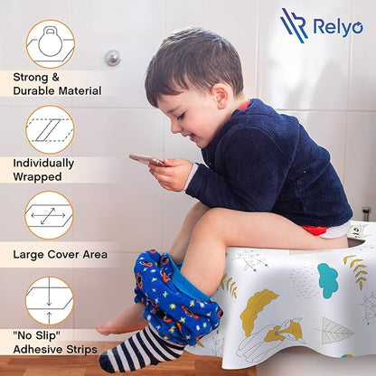 Relyo Disposable Toilet Seat Cover for Travel – 20 Pack with Covers Wrapped in Sets of 2, Non-Flushable Liners, Fits Most Seats – Kids, Toddlers, Adults (Owls, 20)