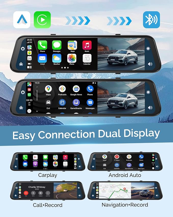 4K Rear View Mirror Camera with Carplay&Android Auto,12" Mirror Dash Cam Front and Rear with Voice Control for Cars&Trucks,Smart Touch Screen,64GB Card Included/Loop Record/Reverse Assist
