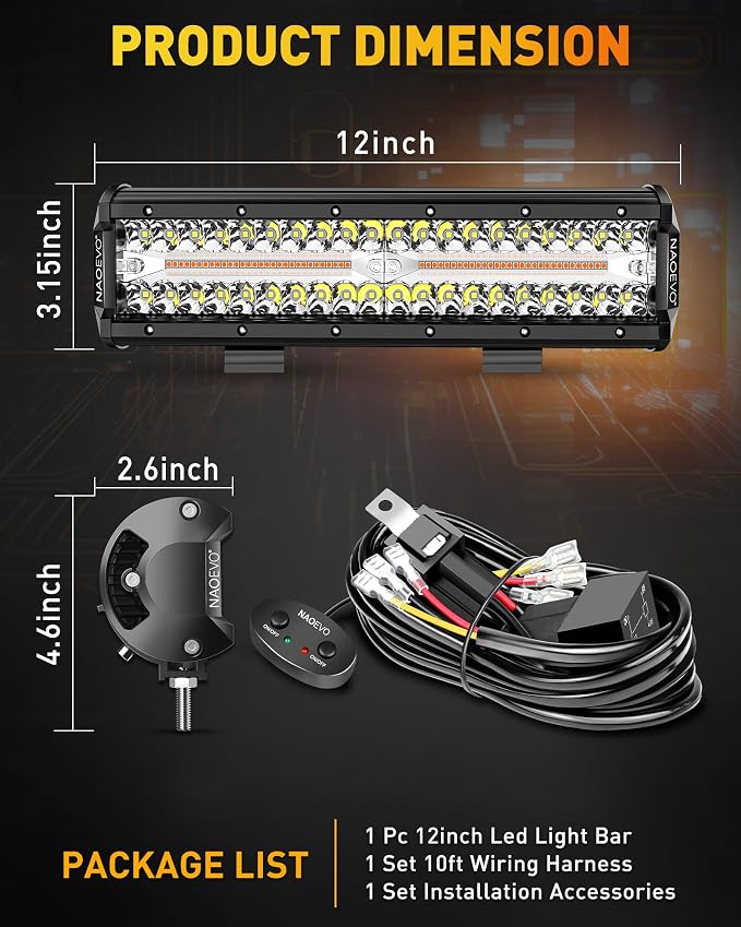 NAOEVO 12 Inch LED Light Bar, 300W 30000LM LED Offroad Fog/Driving Lights with 2 Leads Wiring Harness, Spot & Flood Combo, Work for Truck Boat UTV ATV, 1 Pc (White/Amber/White&Amber)