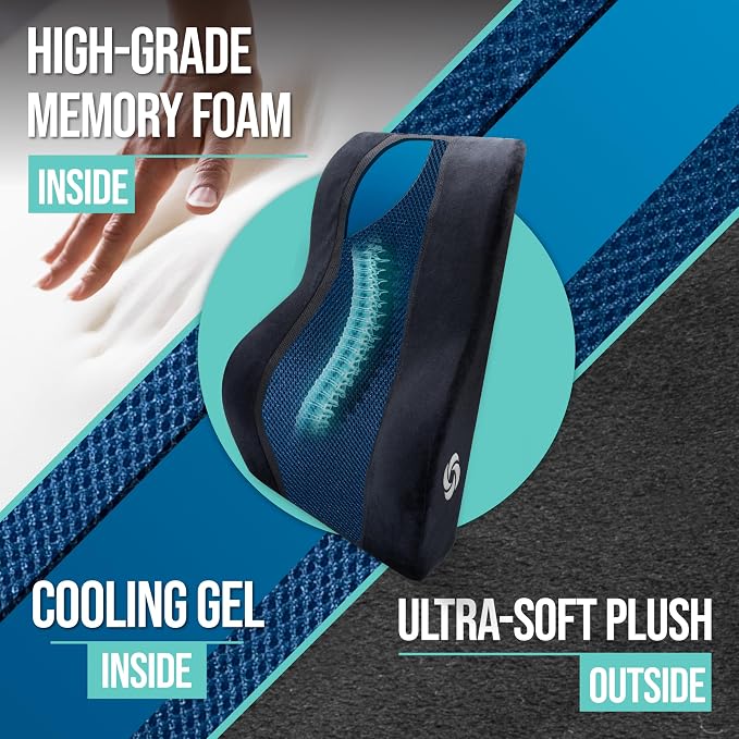 Samsonite Memory Foam Lumbar Support Pillow, Ergonomic Back Cushion for Office Chair, Gaming Chair, Auto Back Support with Cooling Gel, Home Essentials for Sitting Comfort, Posture Relief, Black Mesh
