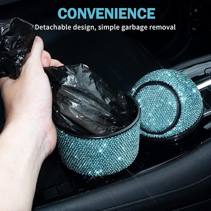 eing Car Trash Can Bling Crystal Auto Mini Trash Bin for Car Office Home Women,Car Cup Holder Garbage Can with Lid,Blue