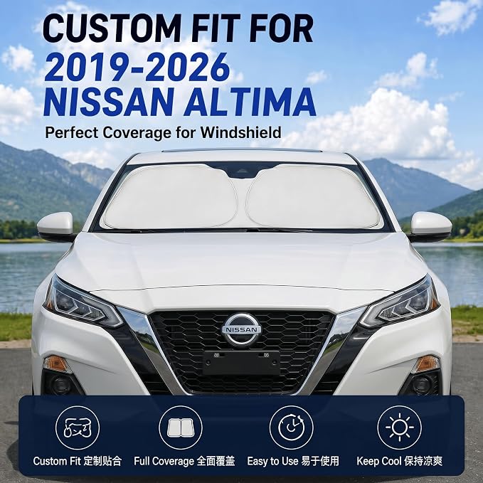 Custom Fit Windshield Sun Shade for Nissan Altima 2019-2026 | Custom Fit Windshield Cover, Blocks UV Rays, Double-Layer Heat Shield, Durable Frame, Easy Fold & Storage
