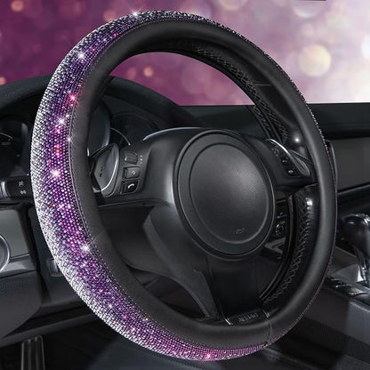 CAR PASS Bling Diamond Leather Steering Wheel Cover, Bling Sparkly Crystal Glitter Rhinestones Universal Fit 14" 1/2-15" Car Wheel Protector for Women Girl Fit Suvs,Vans,Sedans,Trucks, Purple Silver