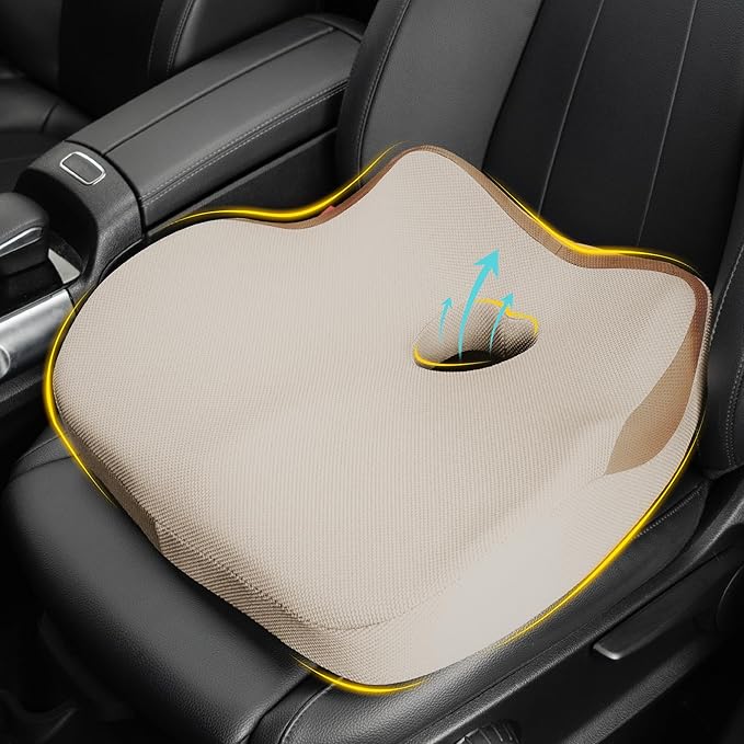 Car Seat Cushion: Ergonomic Memory Foam Car Cushion for Sciatica Pain Relief, Larger Driving Seat Pillow for Short Drivers on Long Drives - Butt Pillow for Truck, Office, Wheelchair - Beige