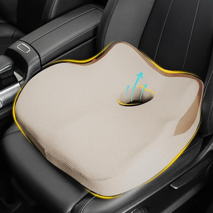 Car Seat Cushion: Ergonomic Memory Foam Car Cushion for Sciatica Pain Relief, Larger Driving Seat Pillow for Short Drivers on Long Drives - Butt Pillow for Truck, Office, Wheelchair - Beige